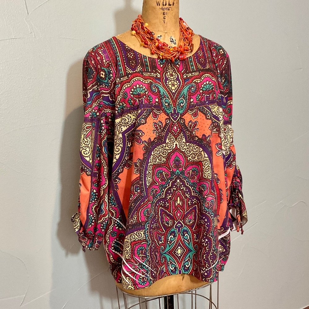 CHICO’S TOP BOLD PRINT ORANGE PURPLE PINK MULTI 3/4 SLVS 3/XL VERY NICE 12/14/16
